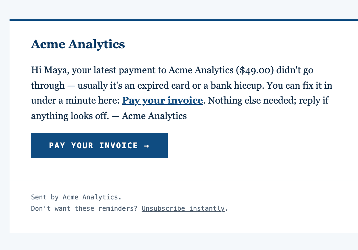 A recovery email branded as the customer’s own company, with a Pay your invoice button.