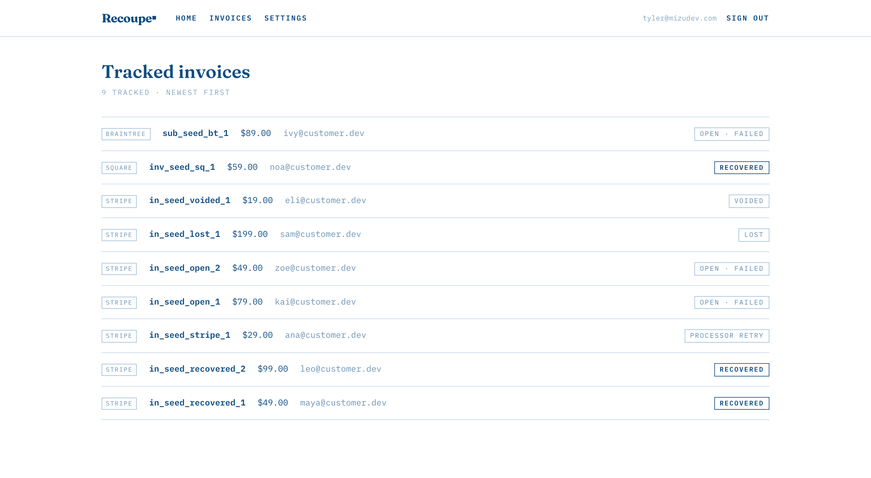 Tracked invoices list with recovery status per customer.