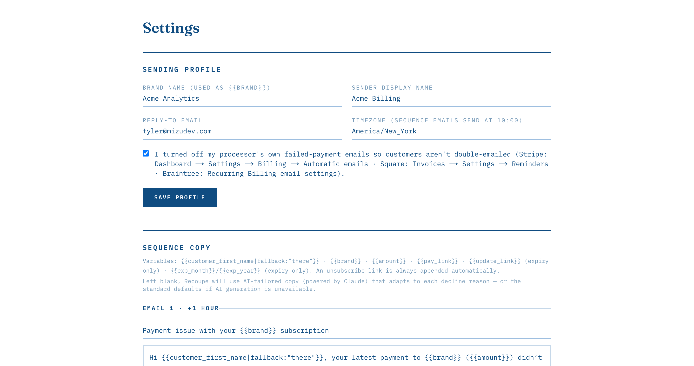 Settings page: sending profile and editable email sequence copy.